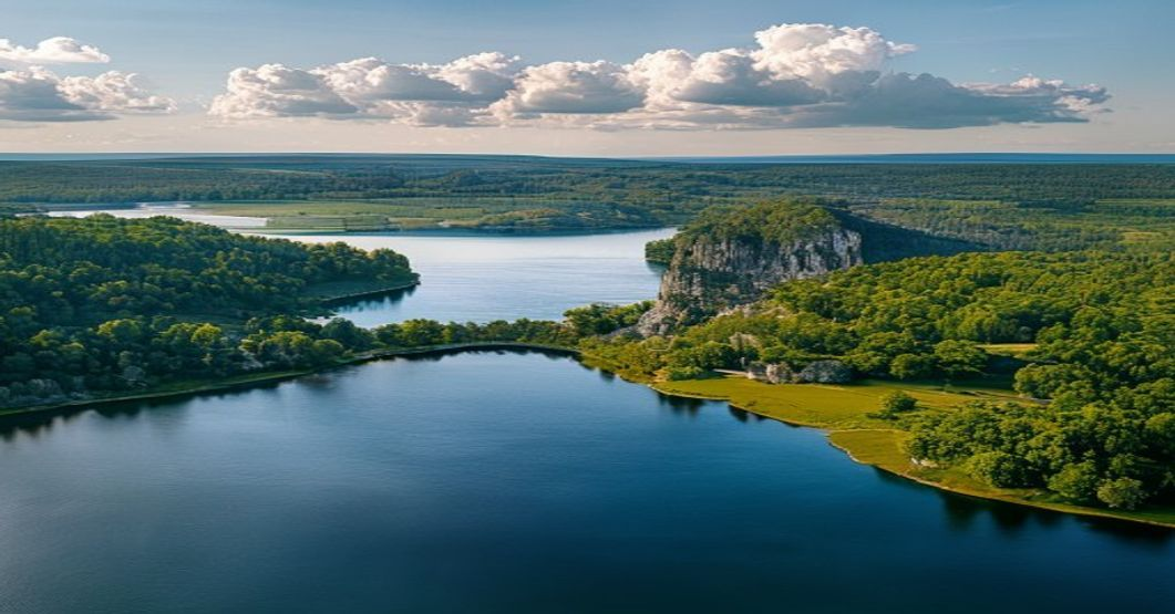 Aerial view of Lake Lure North Carolina with Chimney Rock in the background