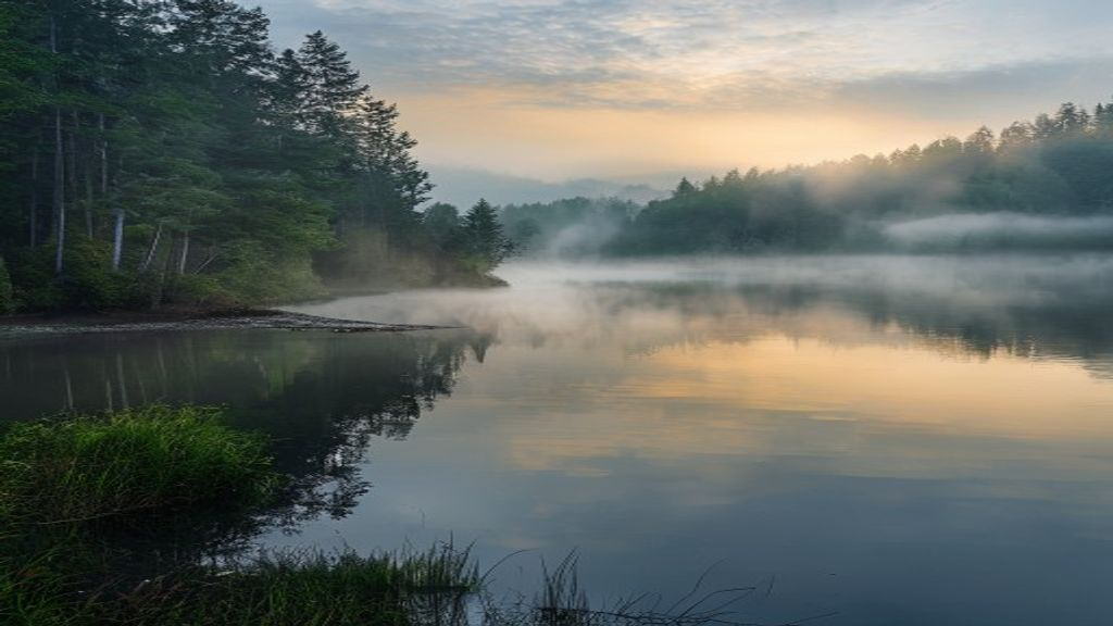 A long finger-shaped cove on Lake Lure reaching into forested hills