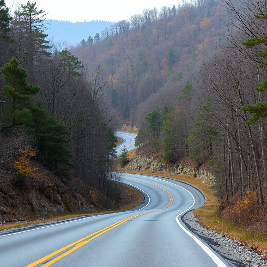 A winding mountain road with steep elevation change in Western North Carolina