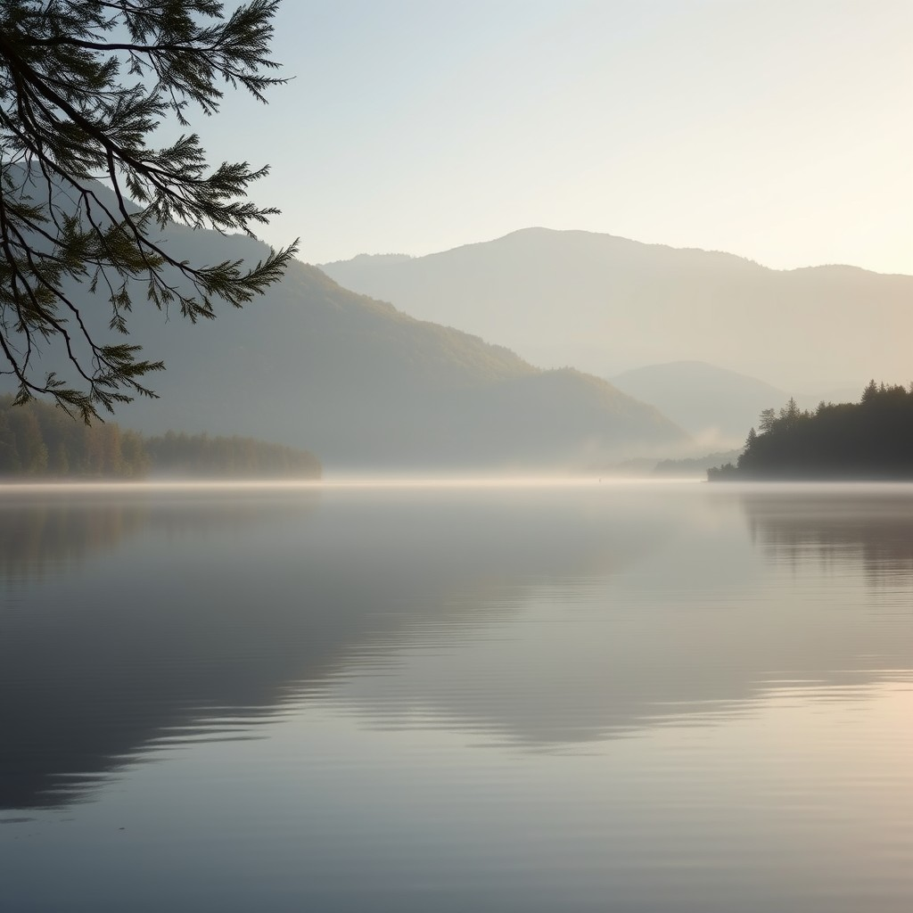Early morning over Lake Lure, North Carolina with calm water and mountains