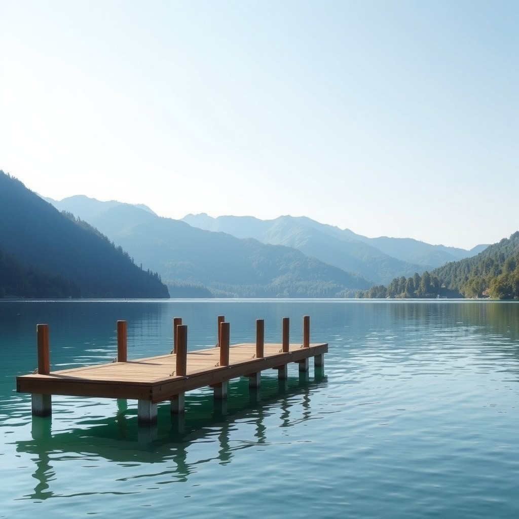 A modern lakefront dock on Lake Lure, North Carolina with a mountain backdrop