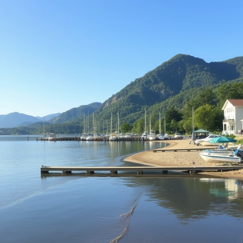 Lake Lure, North Carolina beach and marina open on a sunny Memorial Day
