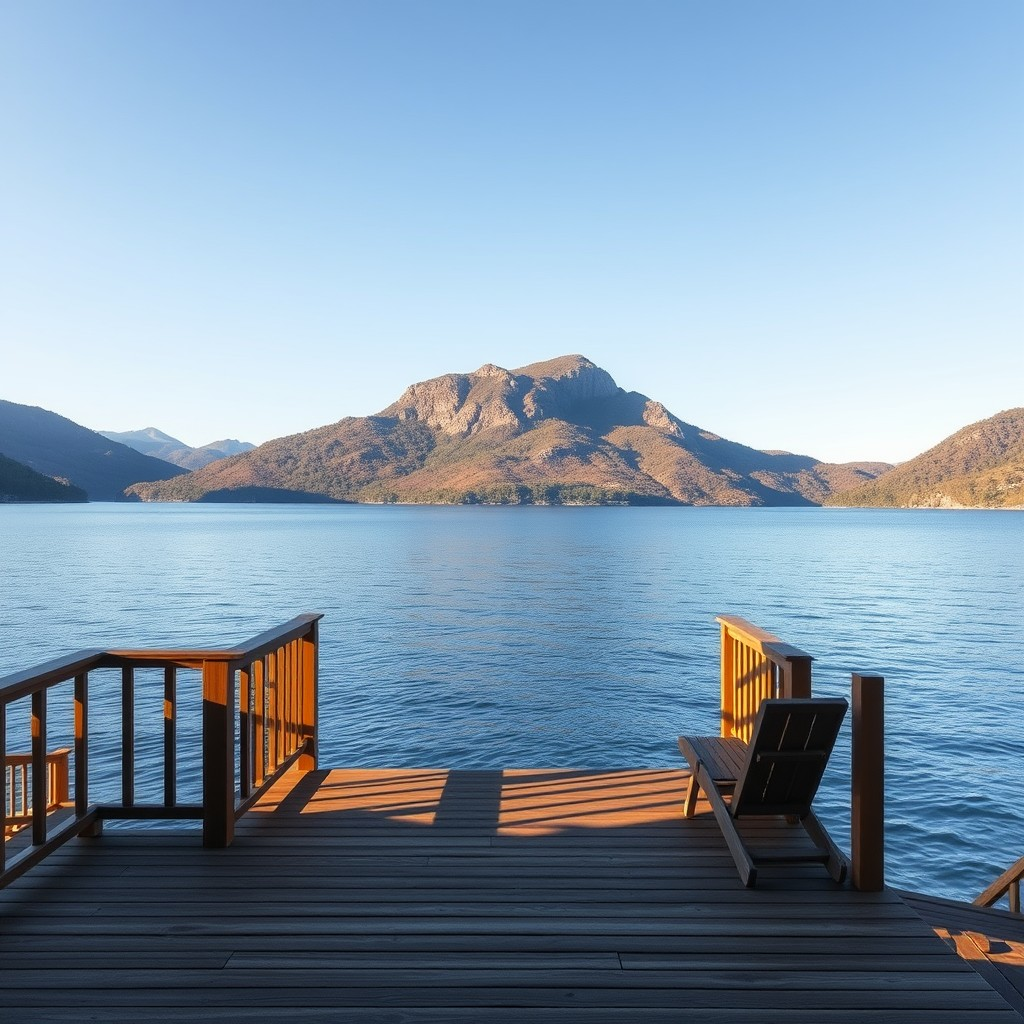 A lakefront deck on Lake Lure facing the water with afternoon sun and a mountain view