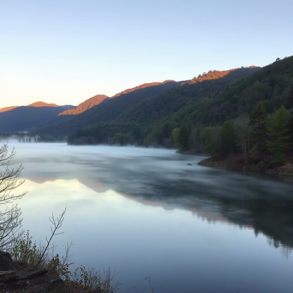 Sunrise mist pooling in a quiet cove on Lake Lure, North Carolina
