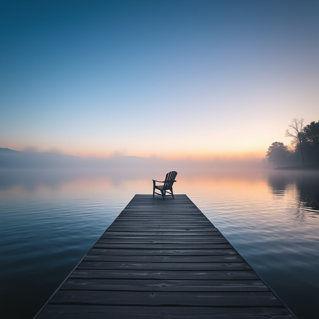 A wooden dock on Lake Lure at dawn with fog lifting off the water