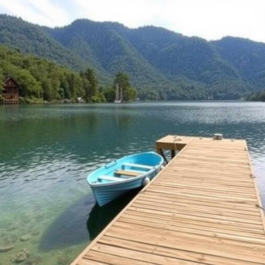 A private boat dock on Lake Lure, North Carolina with a moored boat
