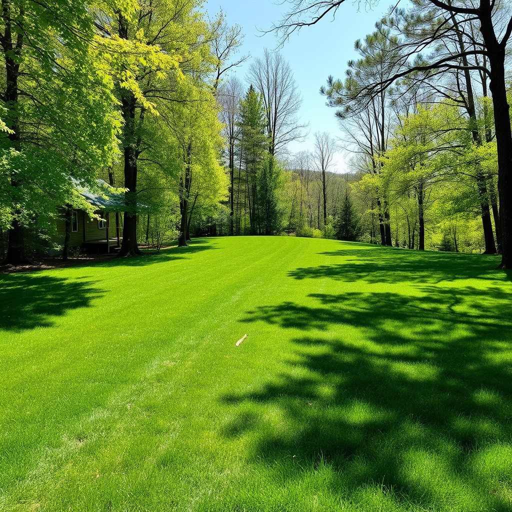 Green grassy backyard of a rural mountain home near Lake Lure where a septic drainfield sits beneath the lawn