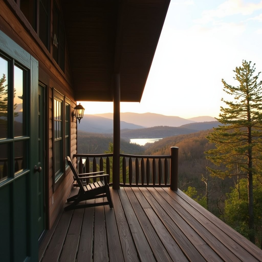 Mountain home deck overlooking forested hills near Lake Lure at golden hour